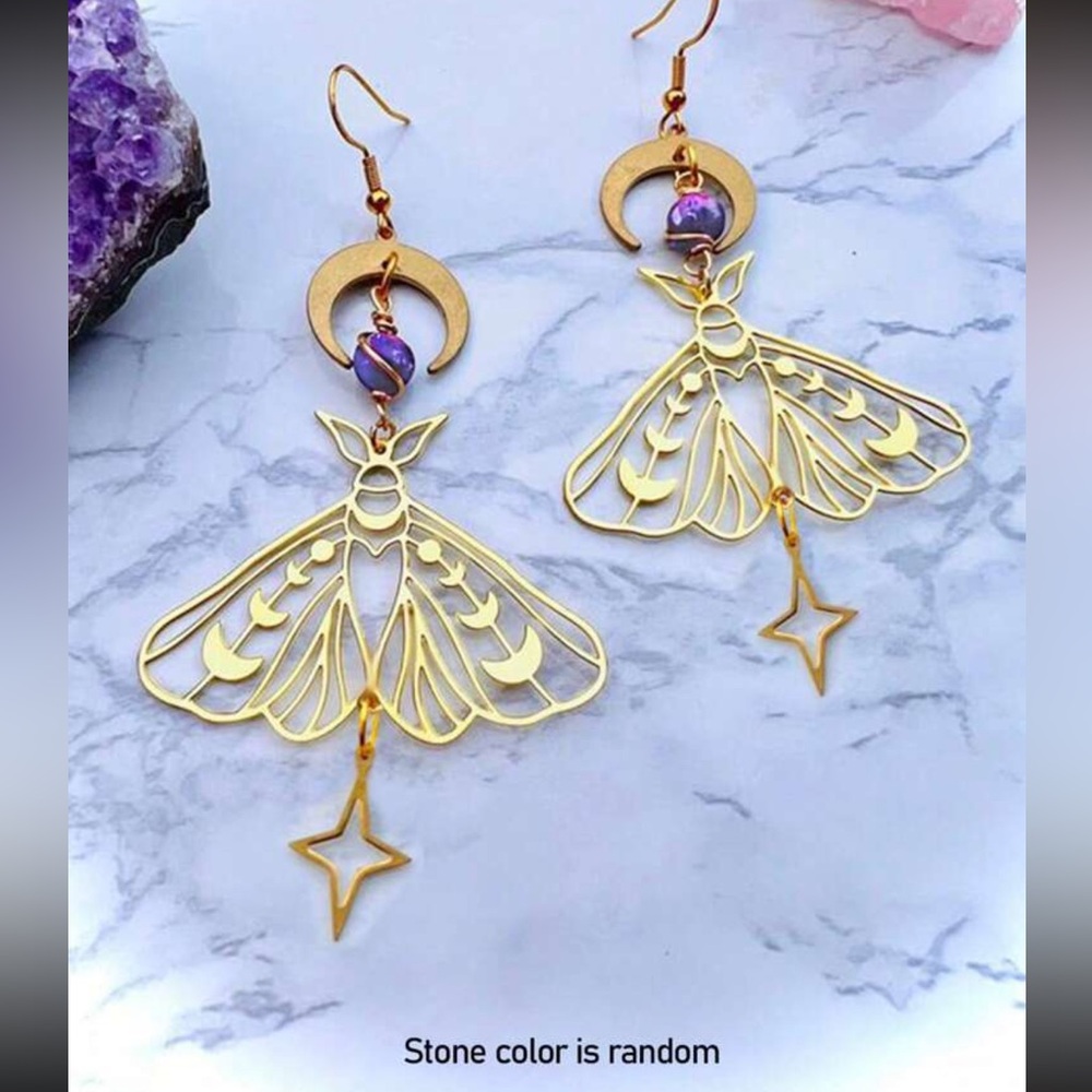 Gold and Purple Art Nouveau Earrings with Butterfly Design